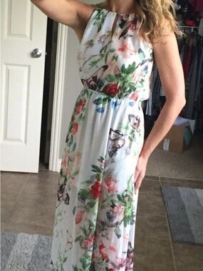 Fate Sleeveless Halter Floral Maxi Dress Size M Sheer Split Sides Spring Resort